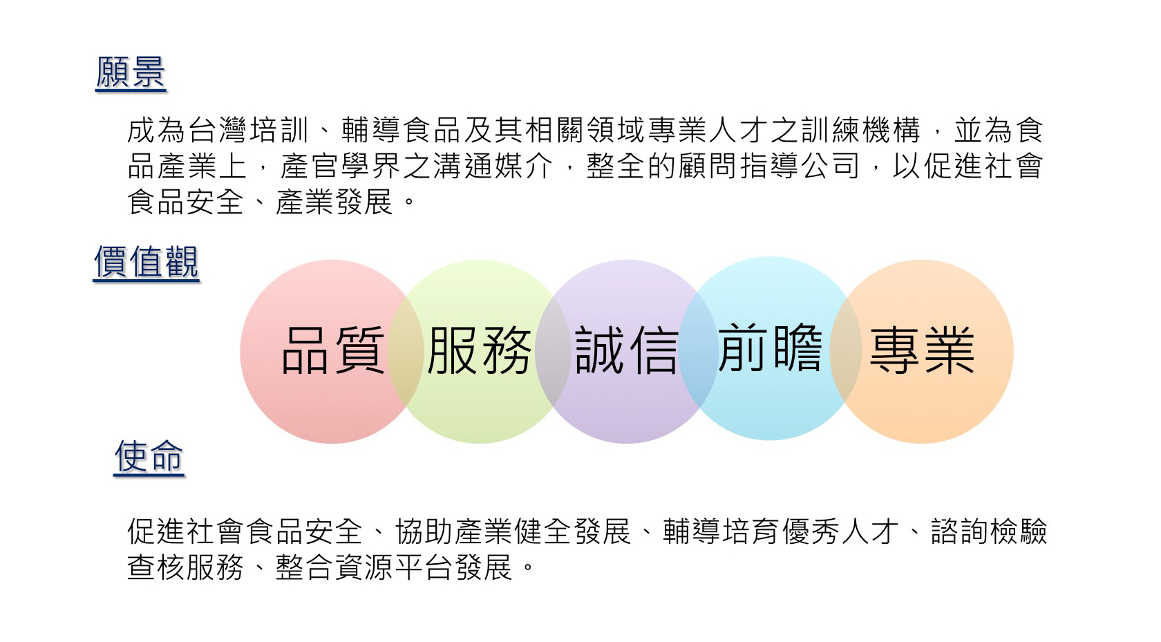 本公司成立訓練機構願景、經營理念