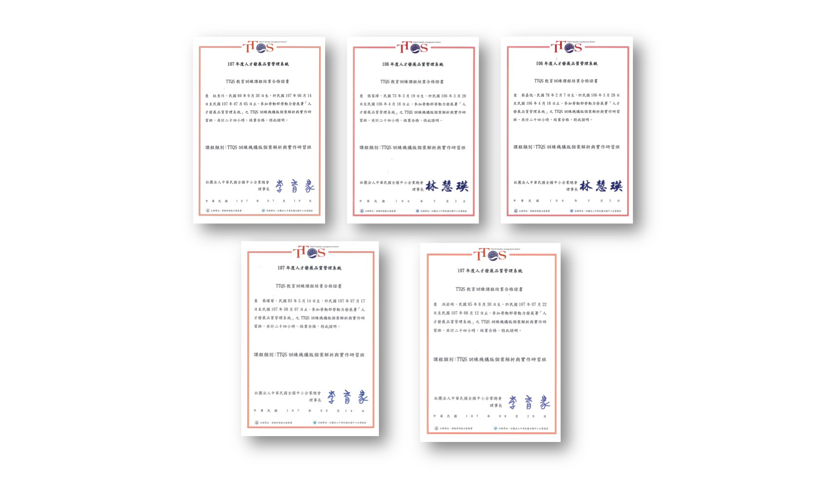 執行訓練相關人員從專員至執行長接受過TTQS訓練課程