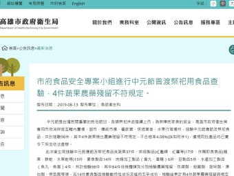 市府食品安全專案小組進行中元節普渡祭祀用食品查驗，4件蔬果農藥殘留不符規定