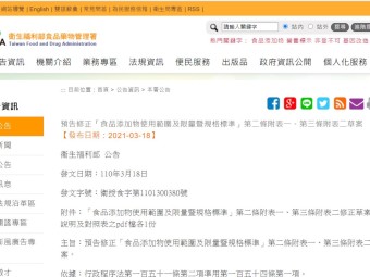 預告修正「食品添加物使用範圍及限量暨規格標準」第二條附表一、第三條附表二草案