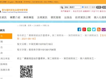 發布修正「農藥殘留容許量標準」第三條附表一、第四條附表三、第六條附表五